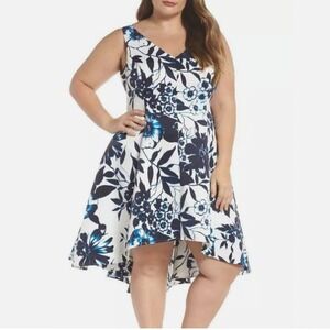 ELIZA J Nordstrom Dress 6 Navy & White Floral Hi-Lo V-neck Church Wedding Party‎